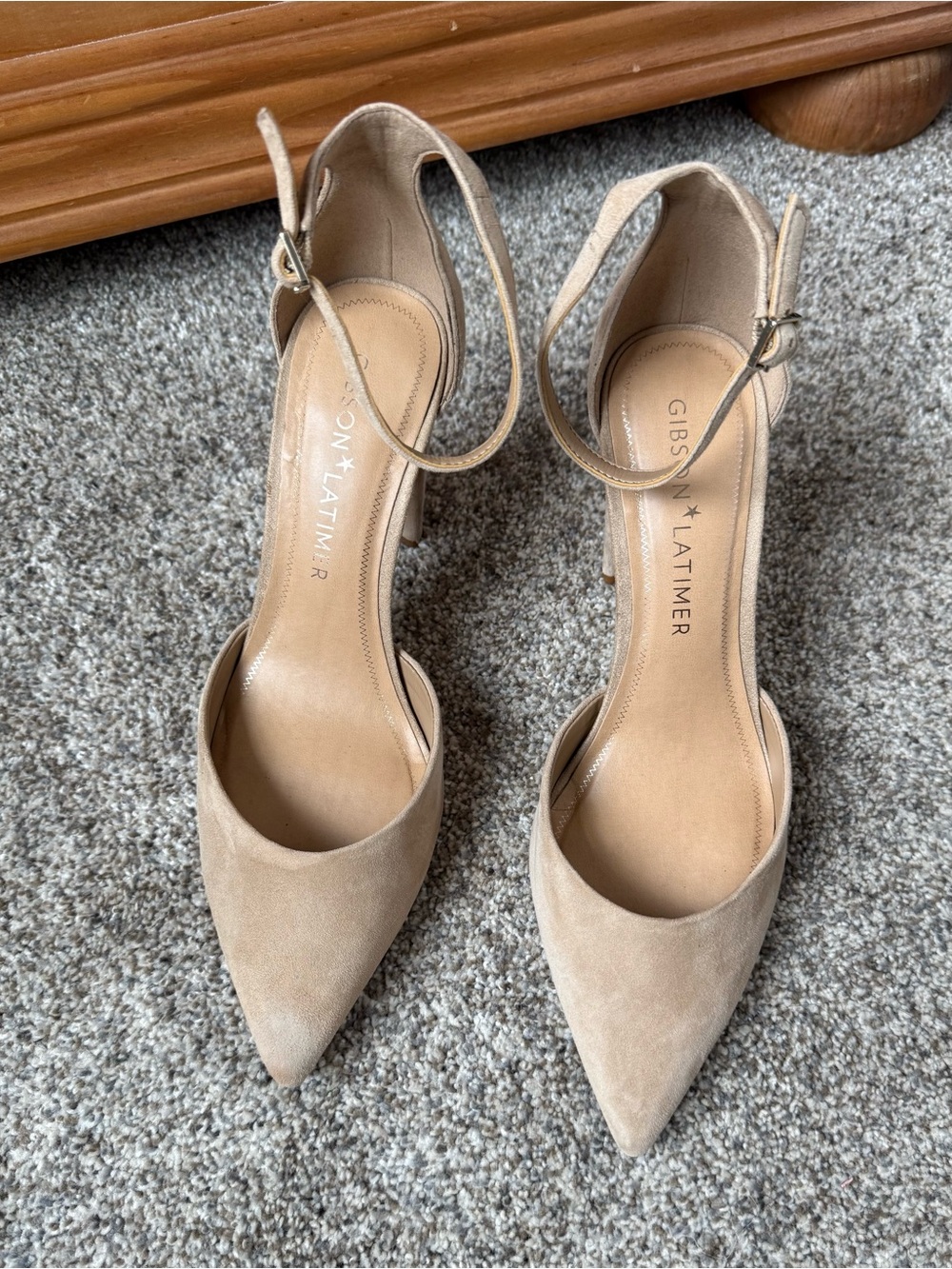 Gibson Latimer Nude Suede Pointed-Toe Ankle-Strap Heels